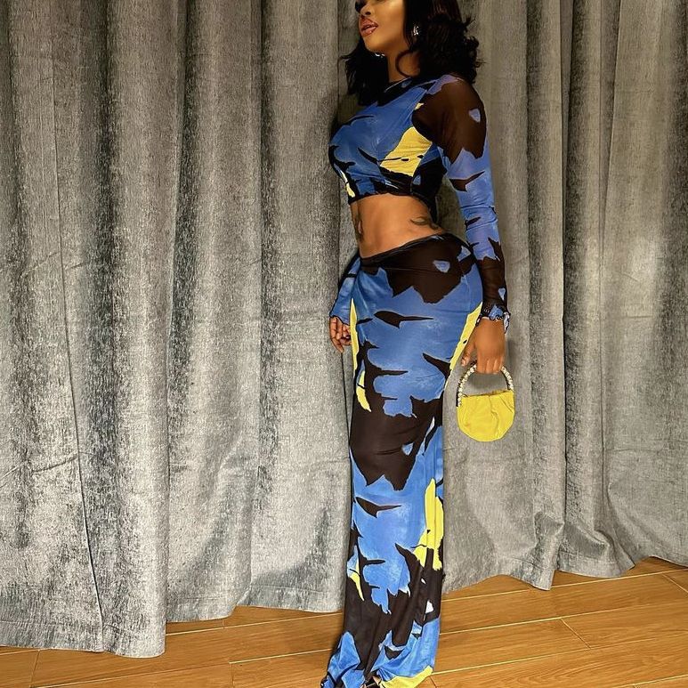 Print Long Sleeve Crop Top with Slim Fit Sheath Skirt Set