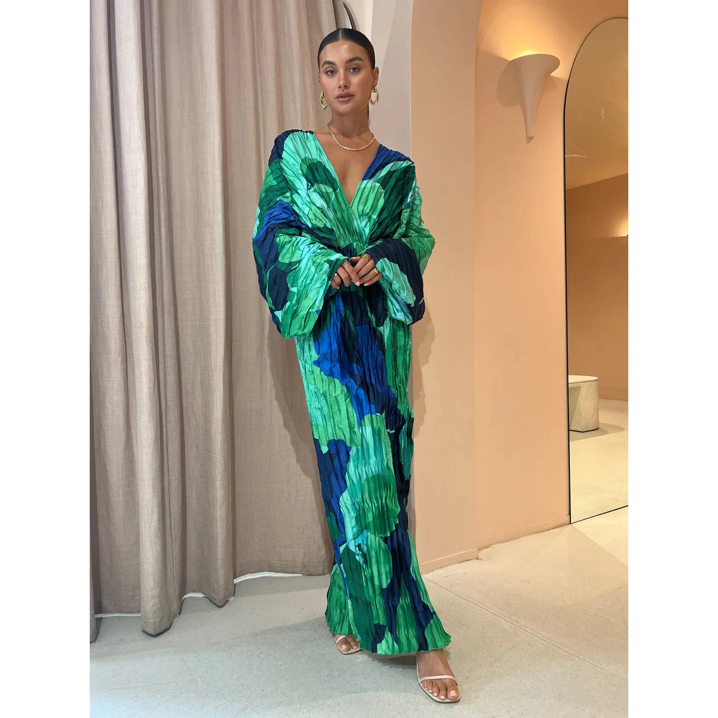 Green and Blue V-neck Batwing Dress w/ Slit
