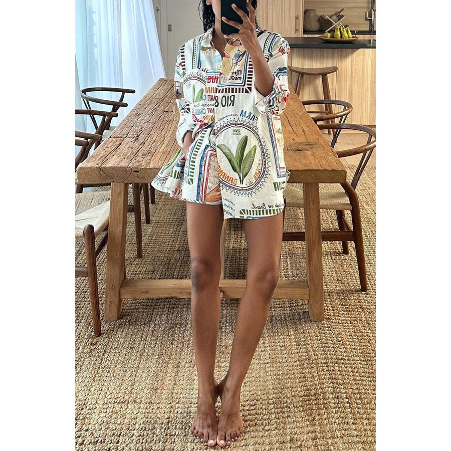 Long Sleeve Print Button Down Shirt and Short Set
