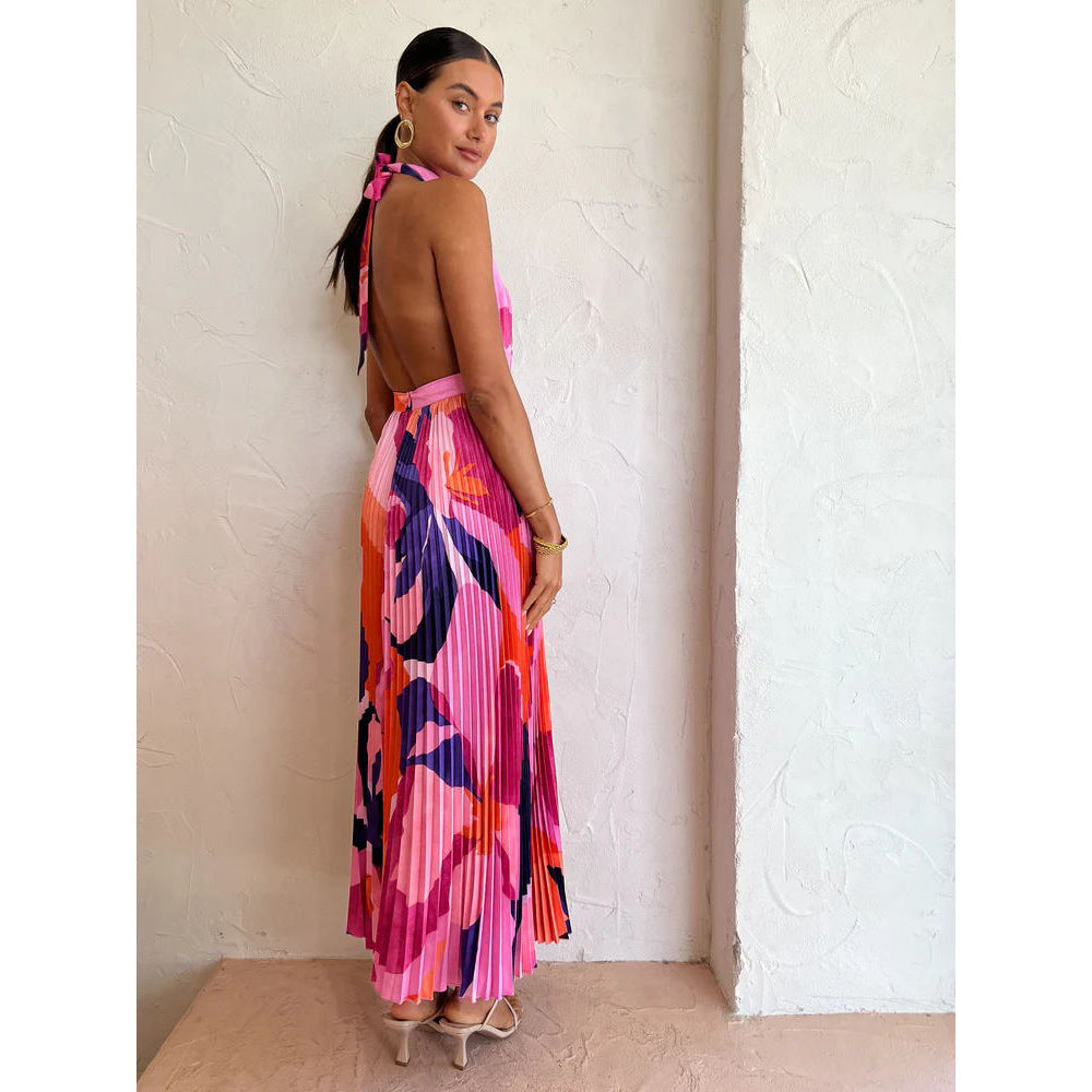 Colorful Crystal Pleated Halter Dress