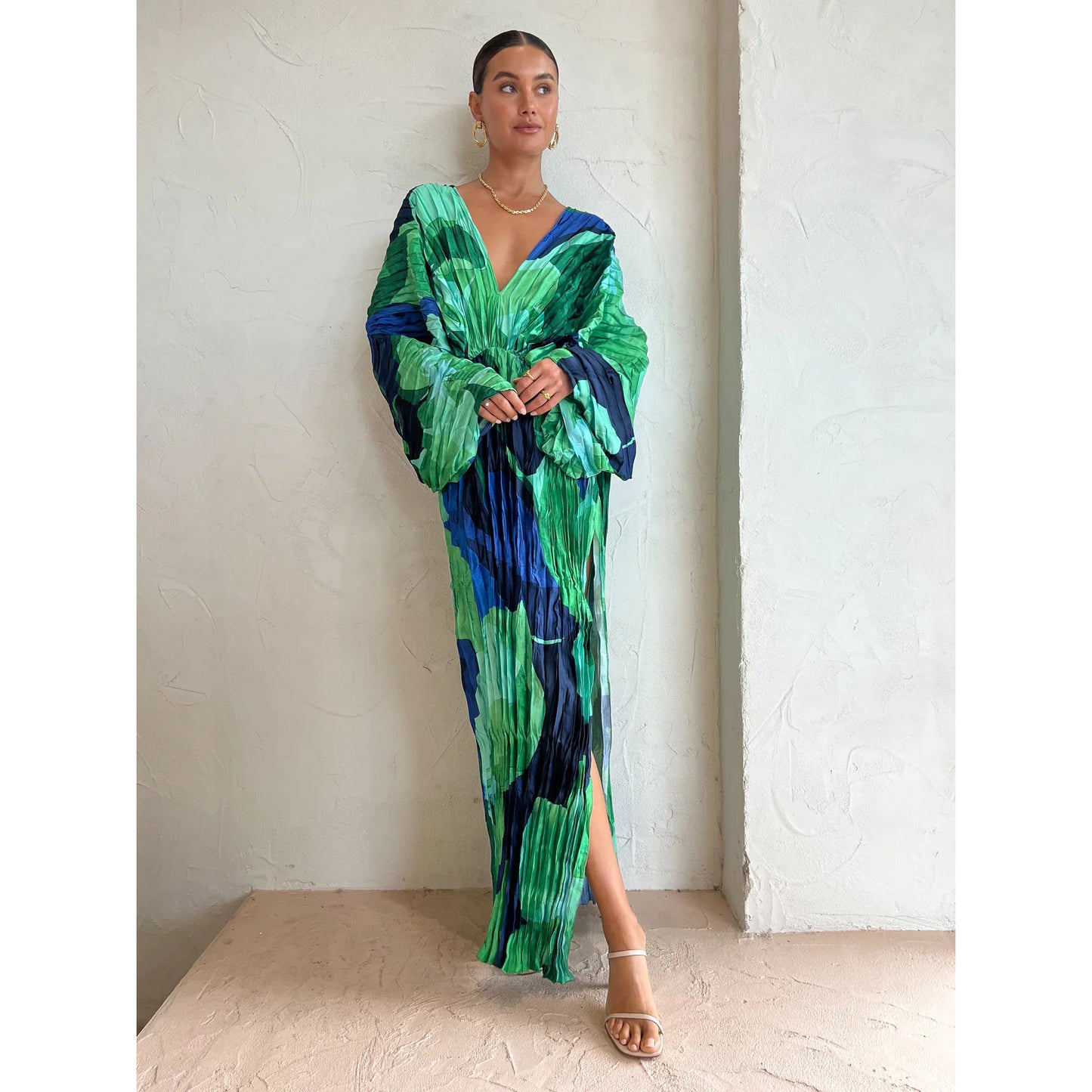 Green and Blue V-neck Batwing Dress w/ Slit
