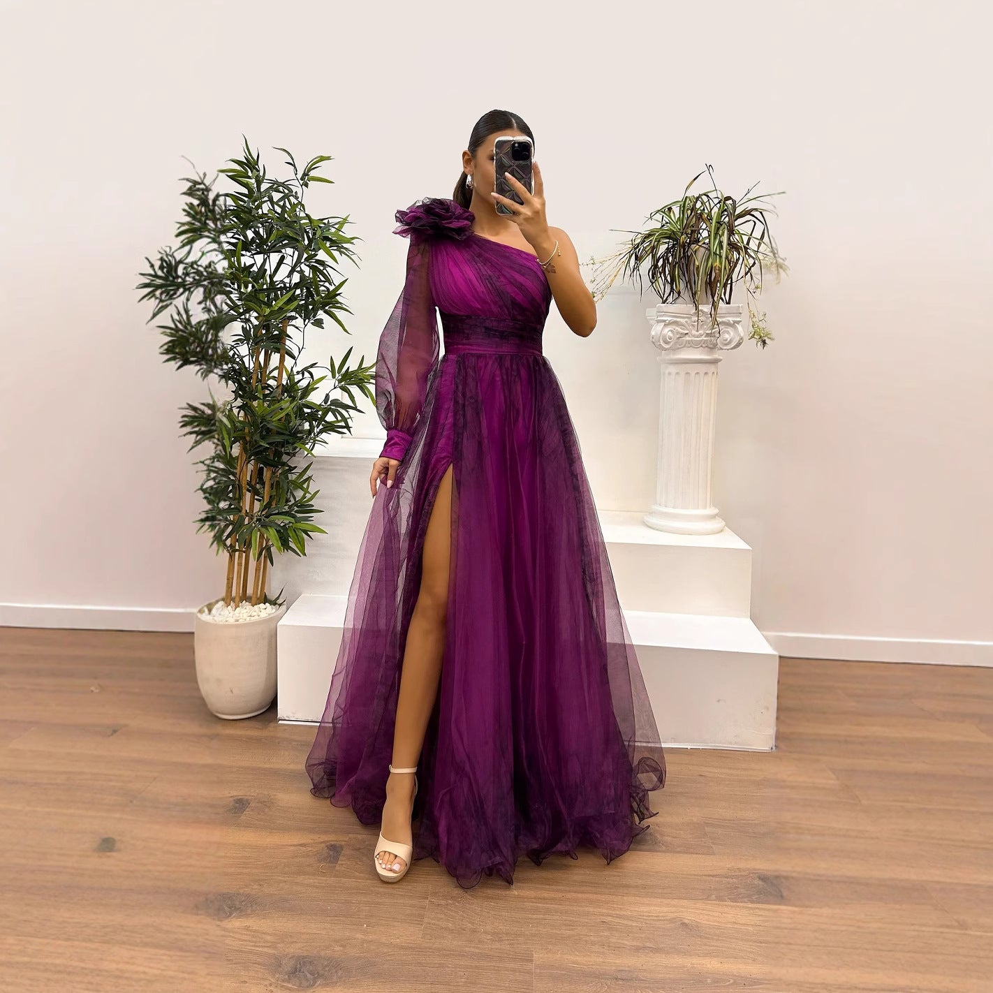 One Shoulder Tulle Floral Print Dress with slit