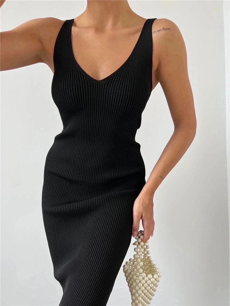 Sleeveless Knitted Mid Length Tight Summer V neck Split Elegant Dress for Women