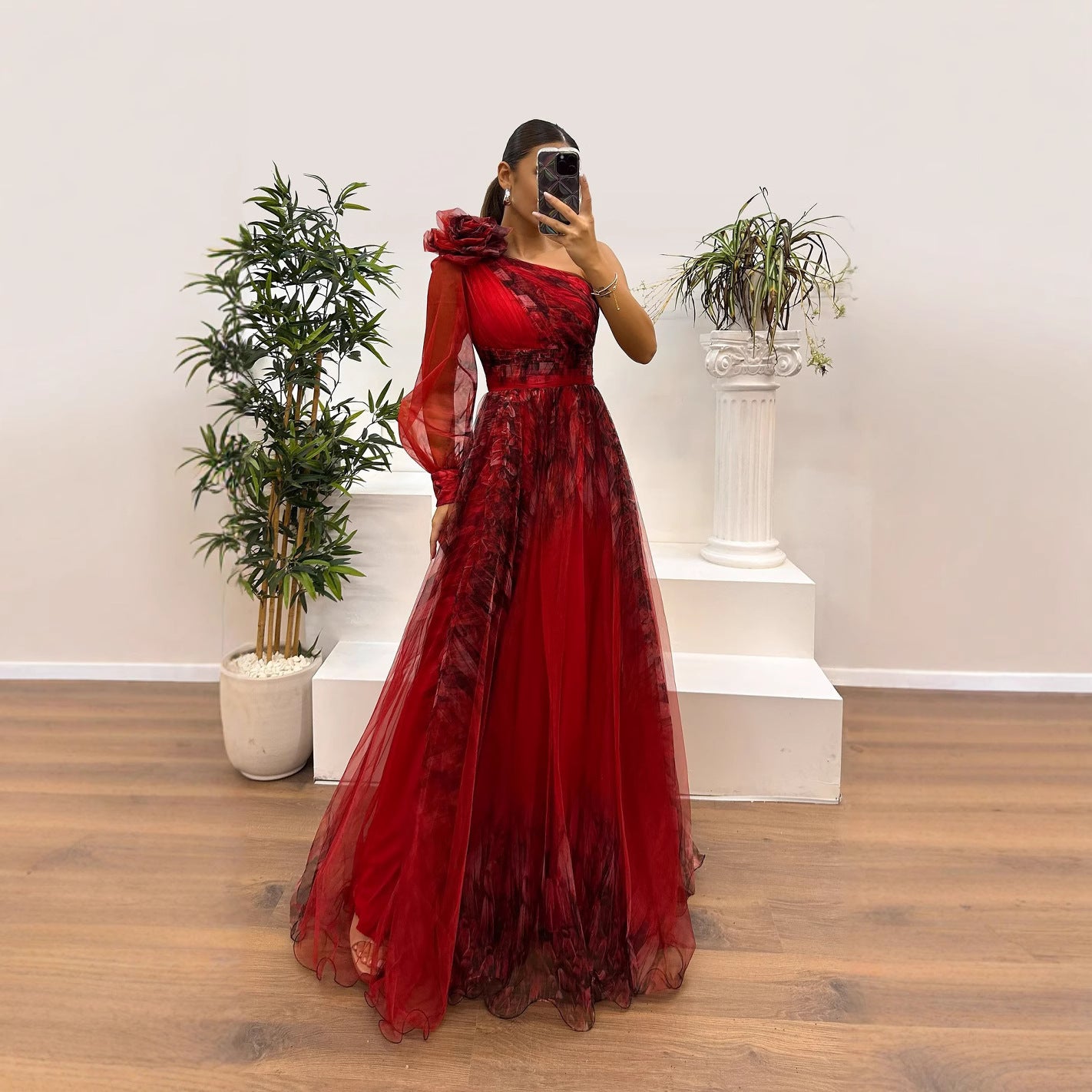 One Shoulder Tulle Floral Print Dress with slit