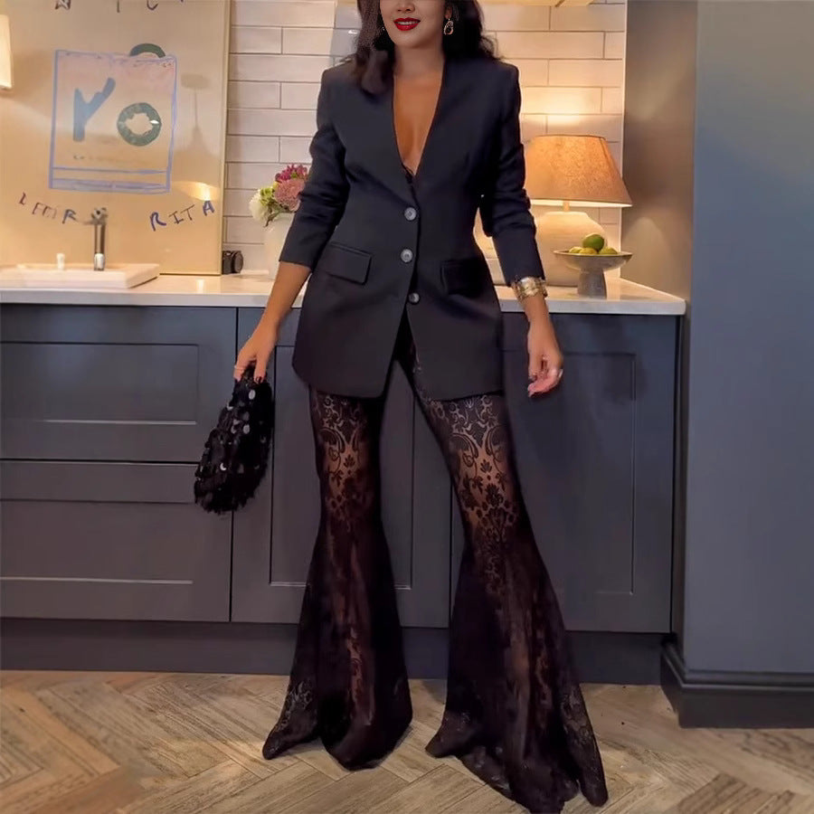 Sophisticated Blazer and Lacy Bellbottom Pants Sets