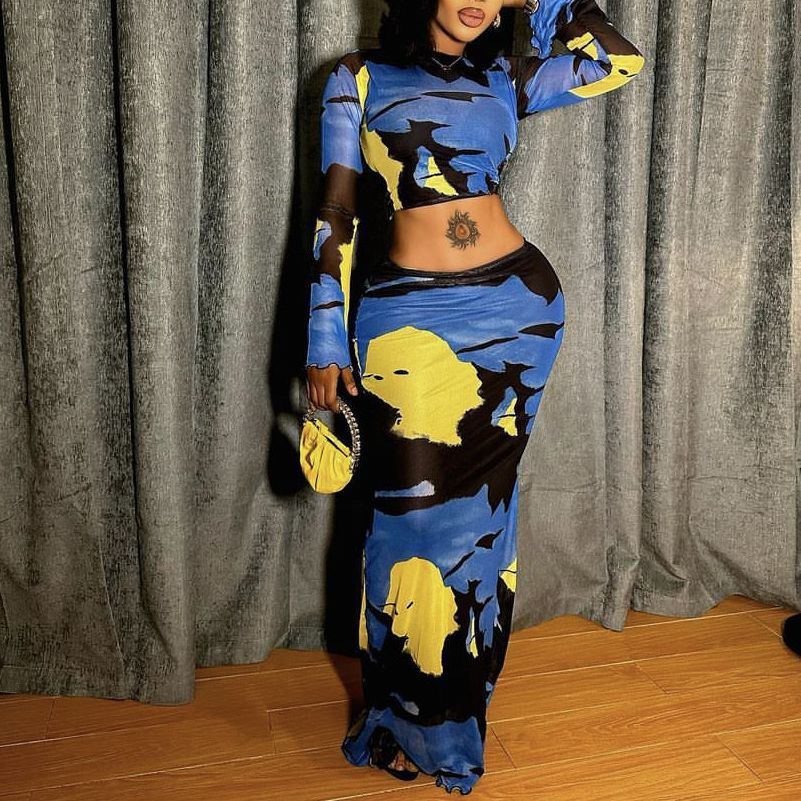 Print Long Sleeve Crop Top with Slim Fit Sheath Skirt Set