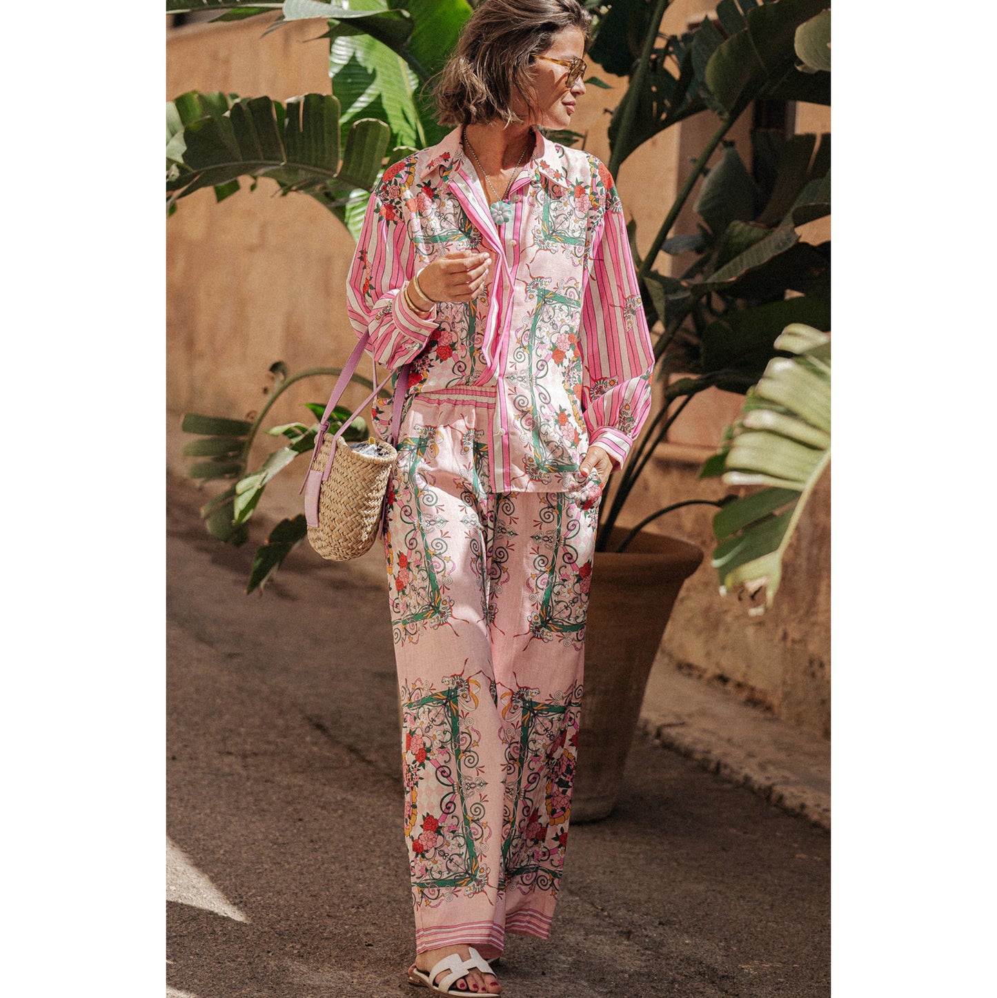 Romantic Floral Button Shirt And Pant Set