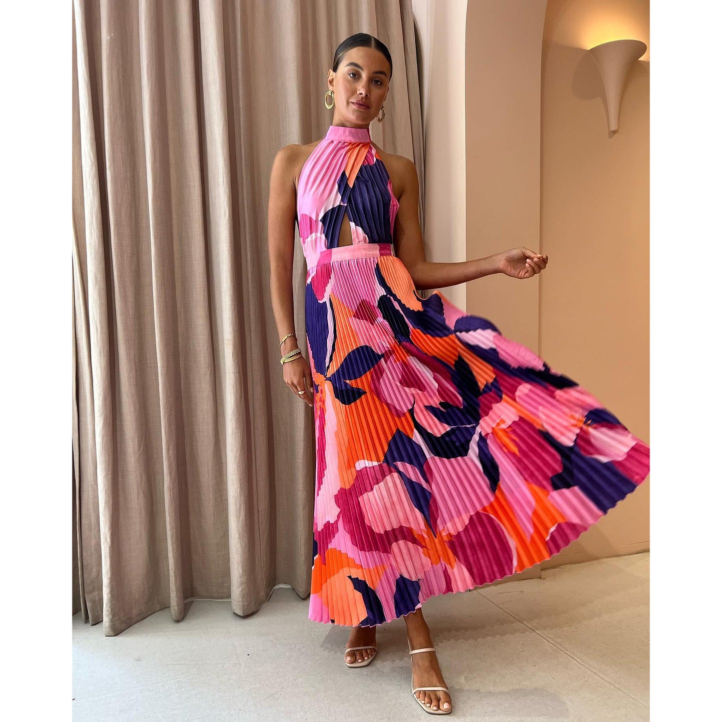 Colorful Crystal Pleated Halter Dress