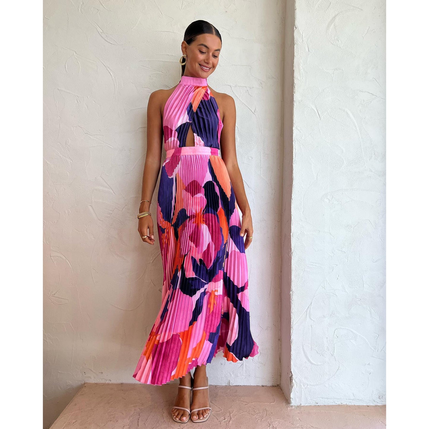 Colorful Crystal Pleated Halter Dress