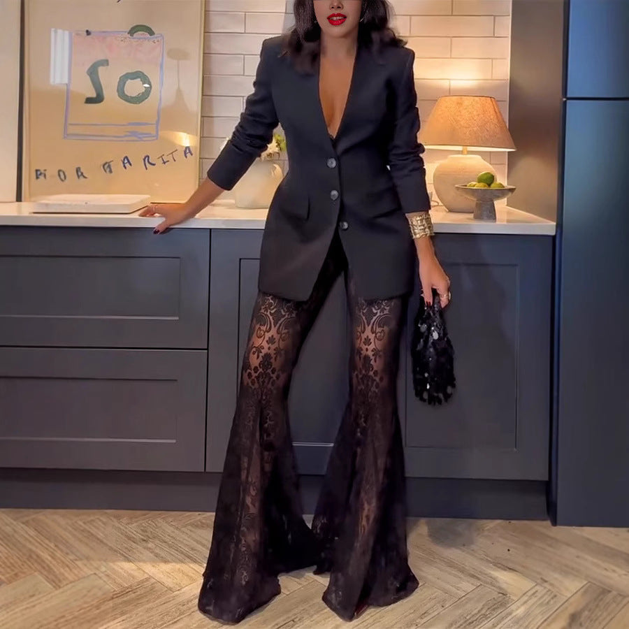 Sophisticated Blazer and Lacy Bellbottom Pants Sets