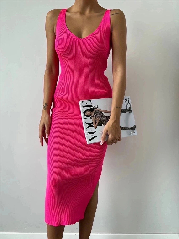 Sleeveless Knitted Mid Length Tight Summer V neck Split Elegant Dress for Women