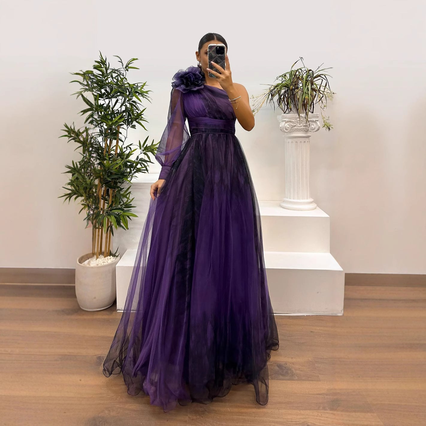 One Shoulder Tulle Floral Print Dress with slit