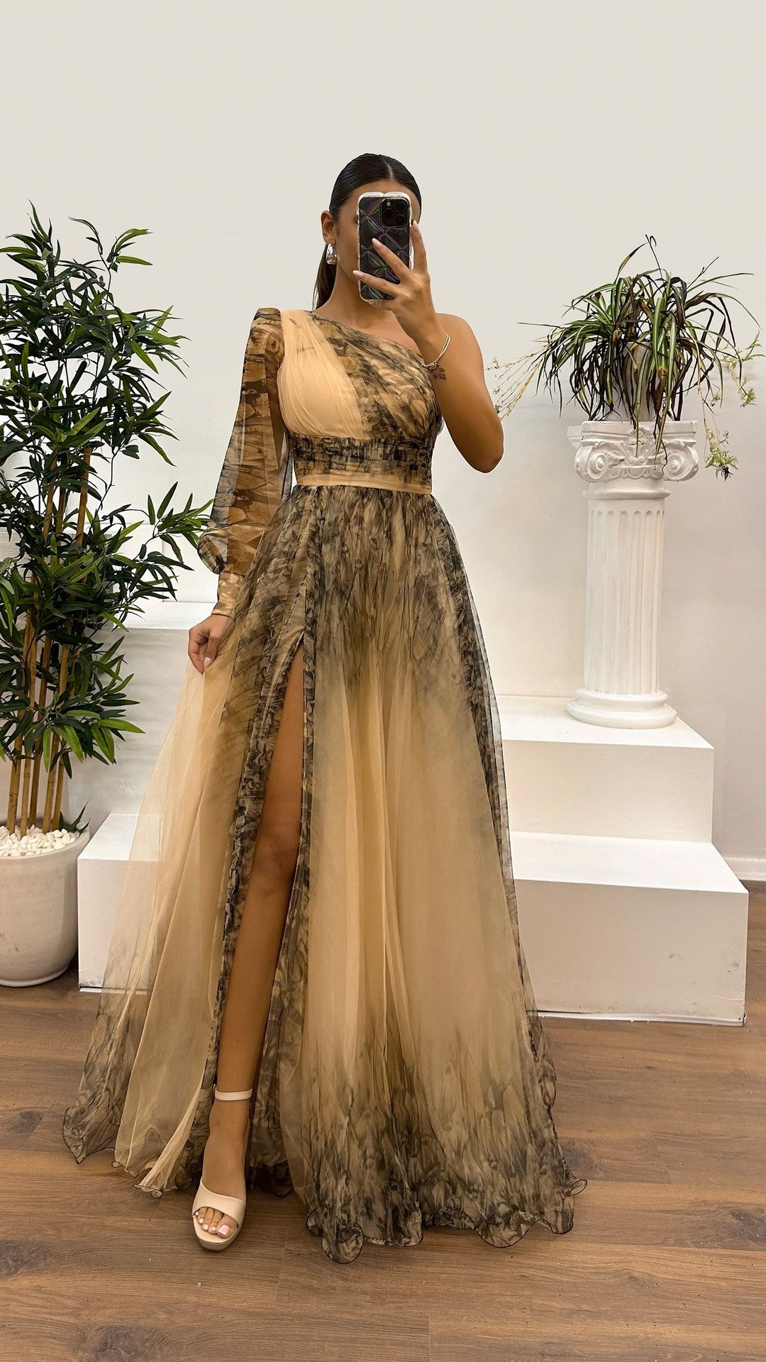 One Shoulder Tulle Floral Print Dress with slit