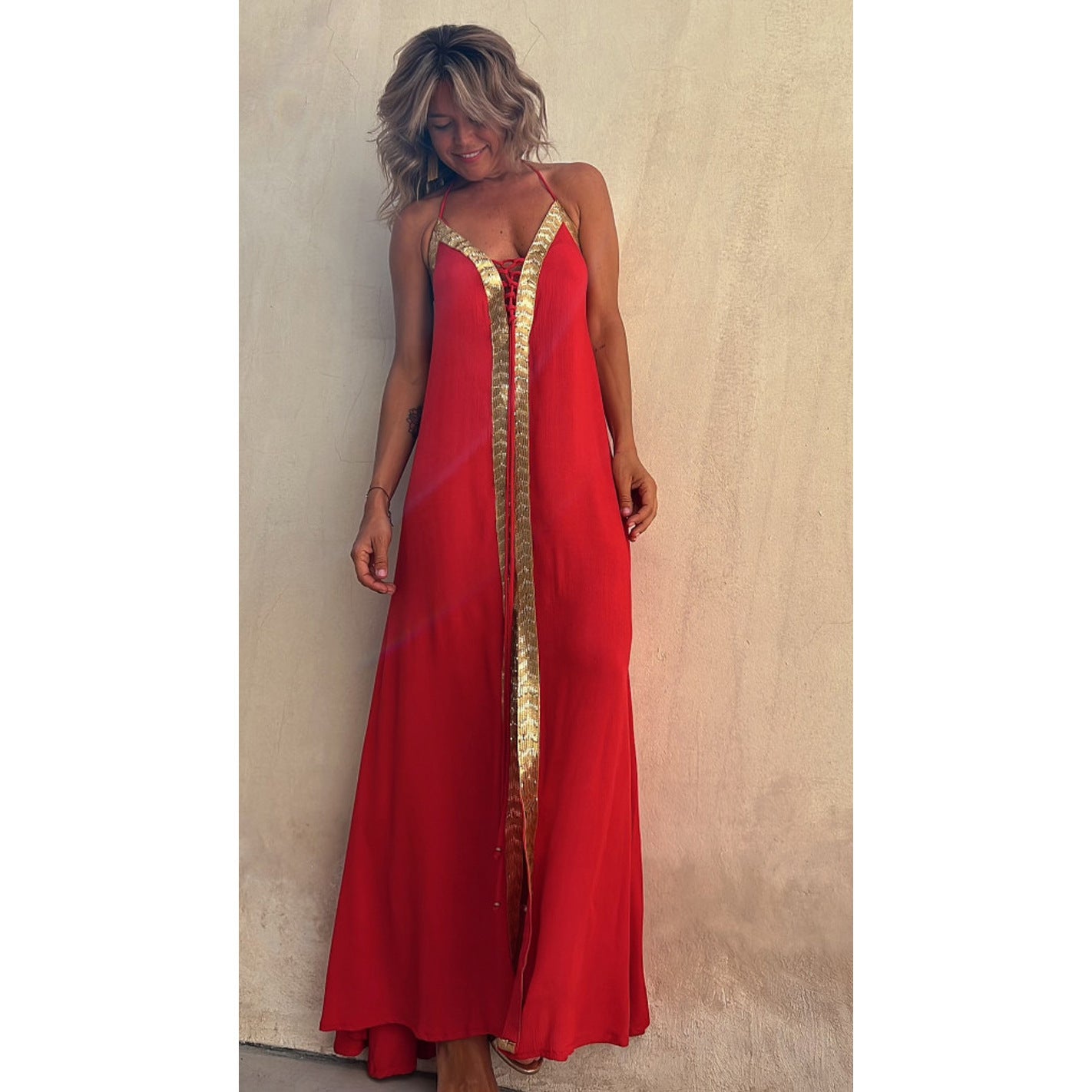Red Halterneck Dress With Gold Trim