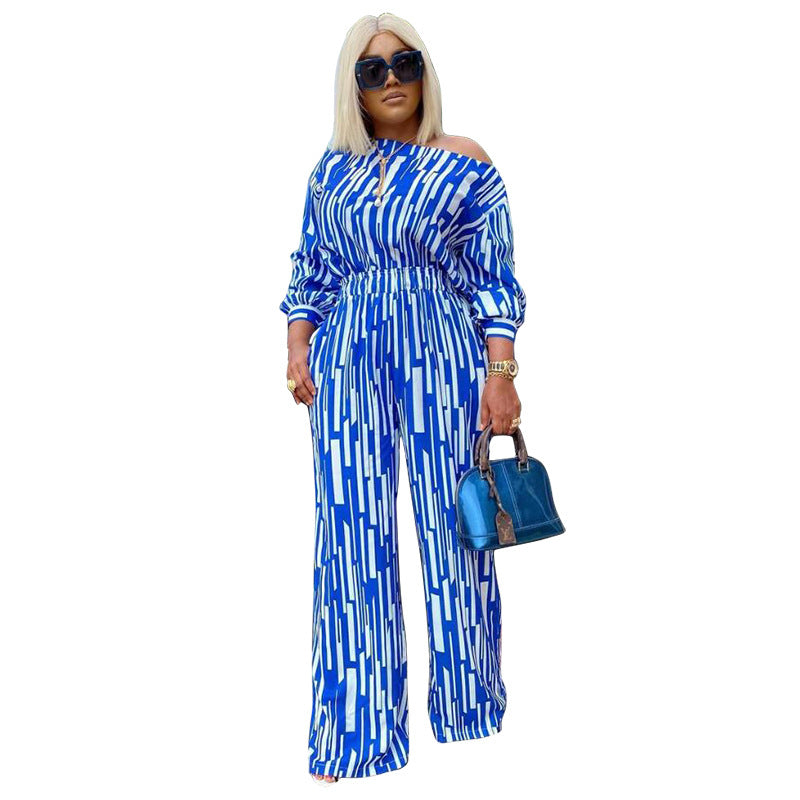 Plus Size Popular Women Clothing Striped Printed Oblique Long Sleeve Shoulder Width Loose Casual Set Women
