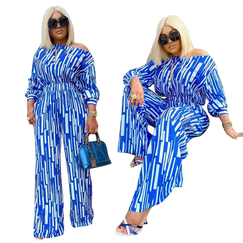 Plus Size Popular Women Clothing Striped Printed Oblique Long Sleeve Shoulder Width Loose Casual Set Women
