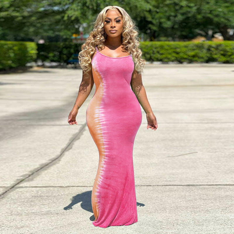 Women Clothing Summer Tie-Dye Lace-up Tight Plus Size Dress Plus Size