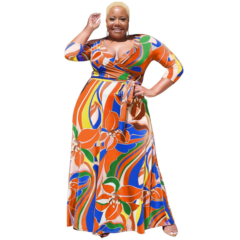 Summer Floral Print with Belt Loose plus Size Women Clothing Dress