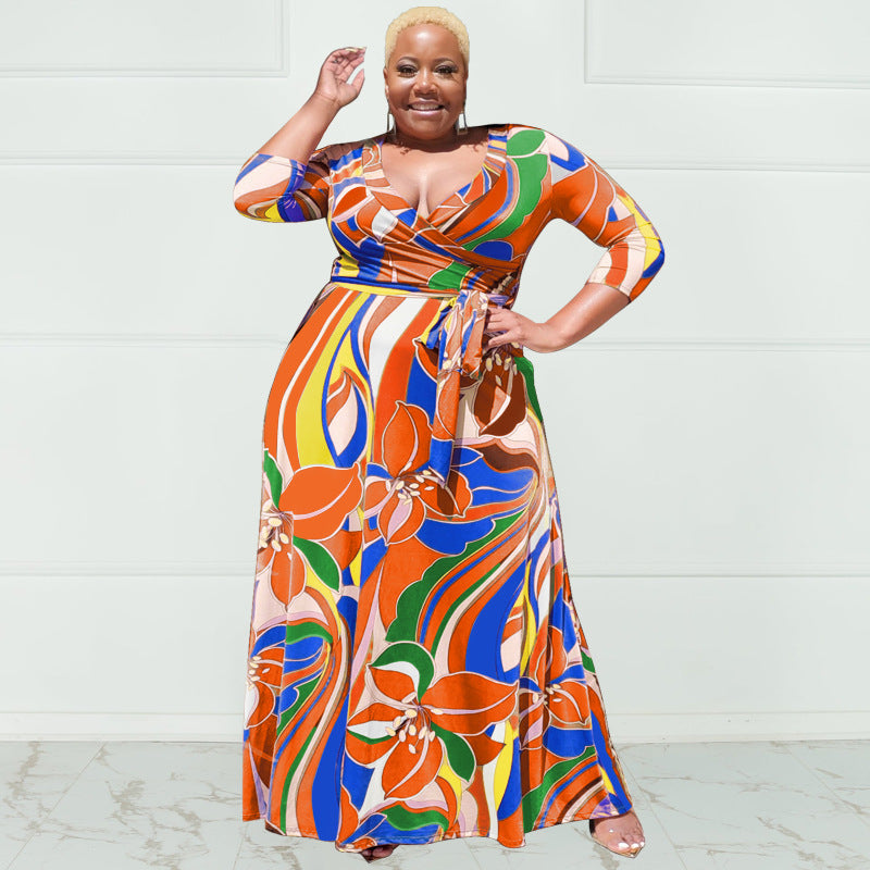 Summer Floral Print with Belt Loose plus Size Women Clothing Dress