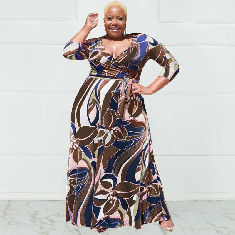 Summer Floral Print with Belt Loose plus Size Women Clothing Dress