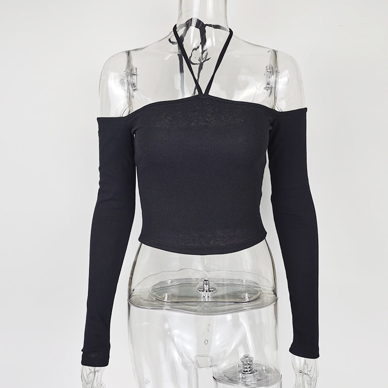 Women Sexy Slim Fit Lace up Sexy Top off Shoulder Halter Rib Long Sleeve T shirt