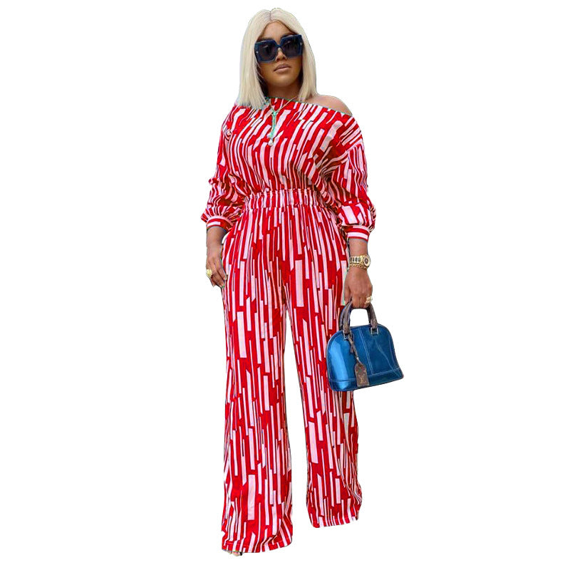 Plus Size Popular Women Clothing Striped Printed Oblique Long Sleeve Shoulder Width Loose Casual Set Women