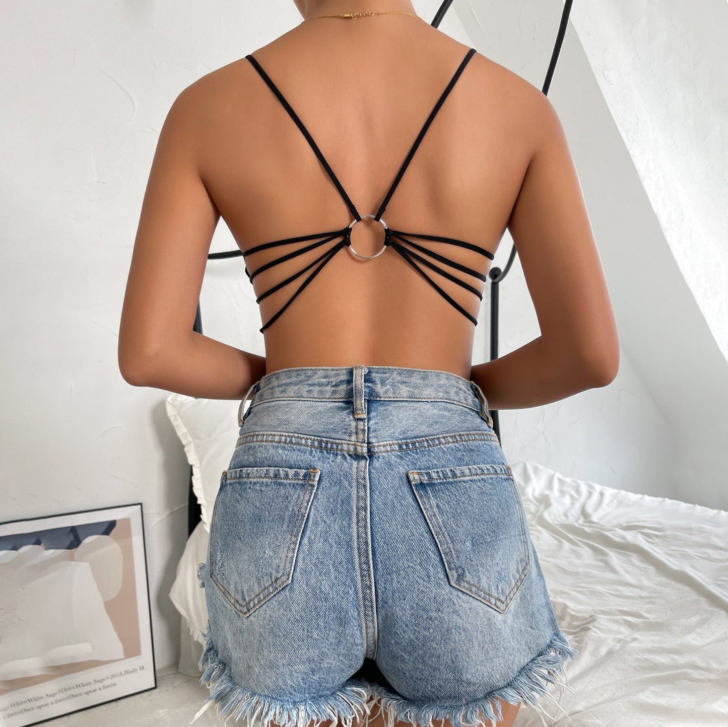 Women Clothing Tied Spaghetti-Strap Backless Hollow Out Cutout Chest Wrap Vest Jumpsuit Sexy Tight Female Jumpsuit