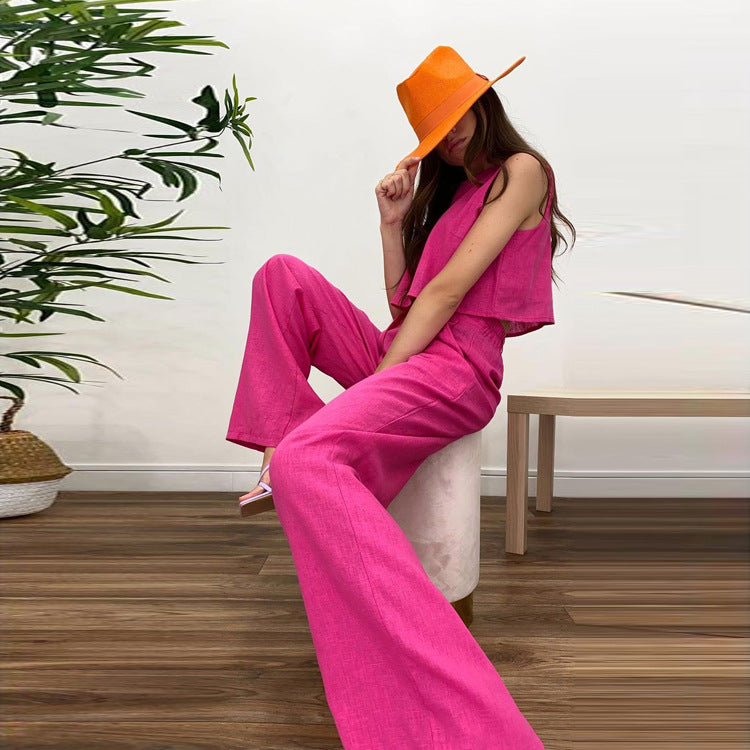 Style 2022 Summer Solid Color Sleeveless Green Top Bell-Bottom Pants Suit Commuting Fashion Women Clothing