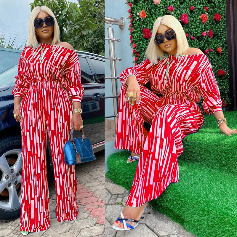 Plus Size Popular Women Clothing Striped Printed Oblique Long Sleeve Shoulder Width Loose Casual Set Women
