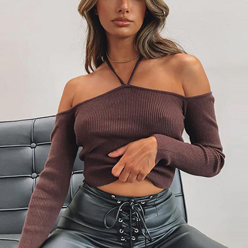 Women Sexy Slim Fit Lace up Sexy Top off Shoulder Halter Rib Long Sleeve T shirt