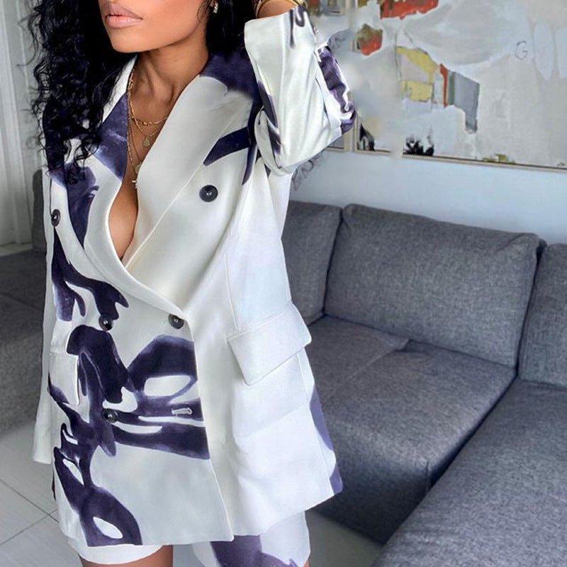 Women Blazer Clothes Autumn Winter Printing Loose Suit Two Piece Suit