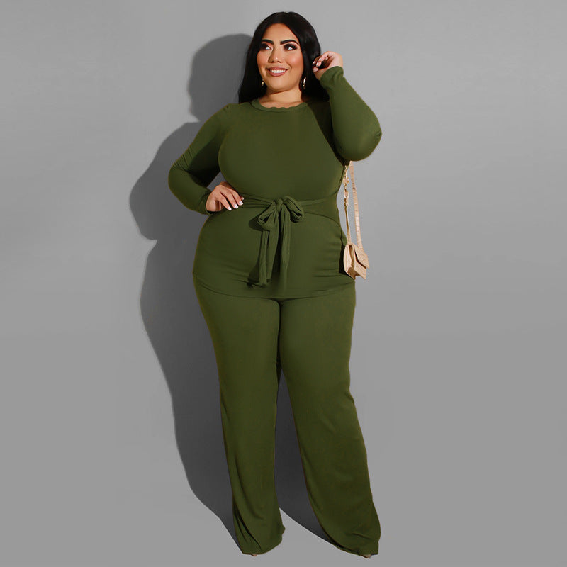 Plus Size Pure Color Knitted Casual Two-Piece Suit Women Suit
