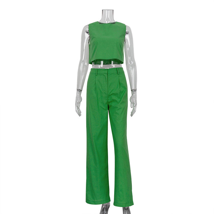 Style 2022 Summer Solid Color Sleeveless Green Top Bell-Bottom Pants Suit Commuting Fashion Women Clothing