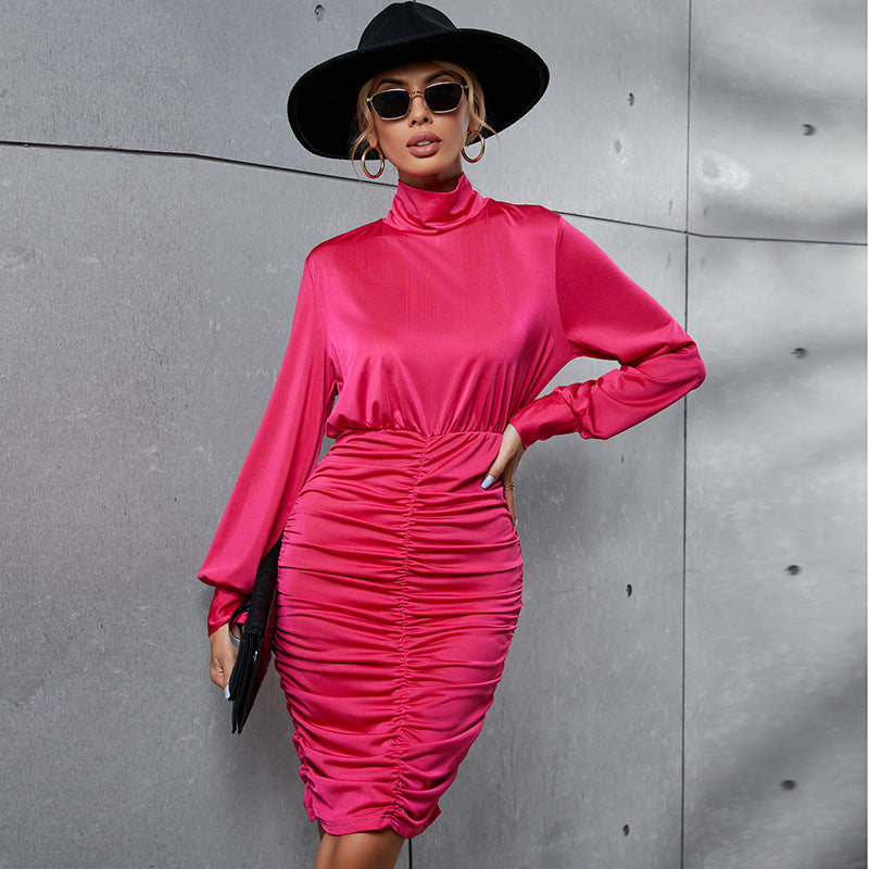 Spring Autumn High Collar Solid Color Slim Dress