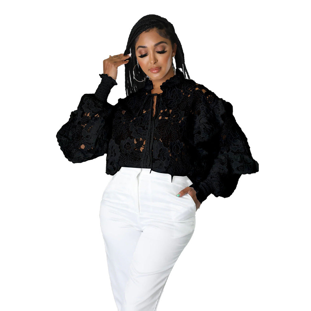 Women Hollow Out Cutout out Flounce Trim Lace up Cardigan Lantern Sleeve