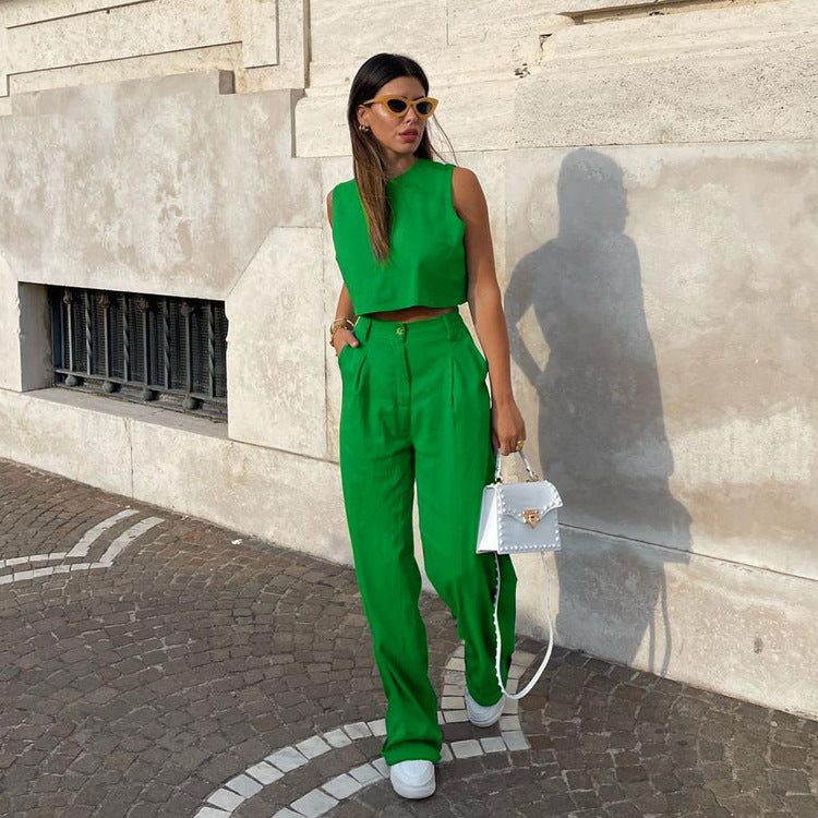 Style 2022 Summer Solid Color Sleeveless Green Top Bell-Bottom Pants Suit Commuting Fashion Women Clothing
