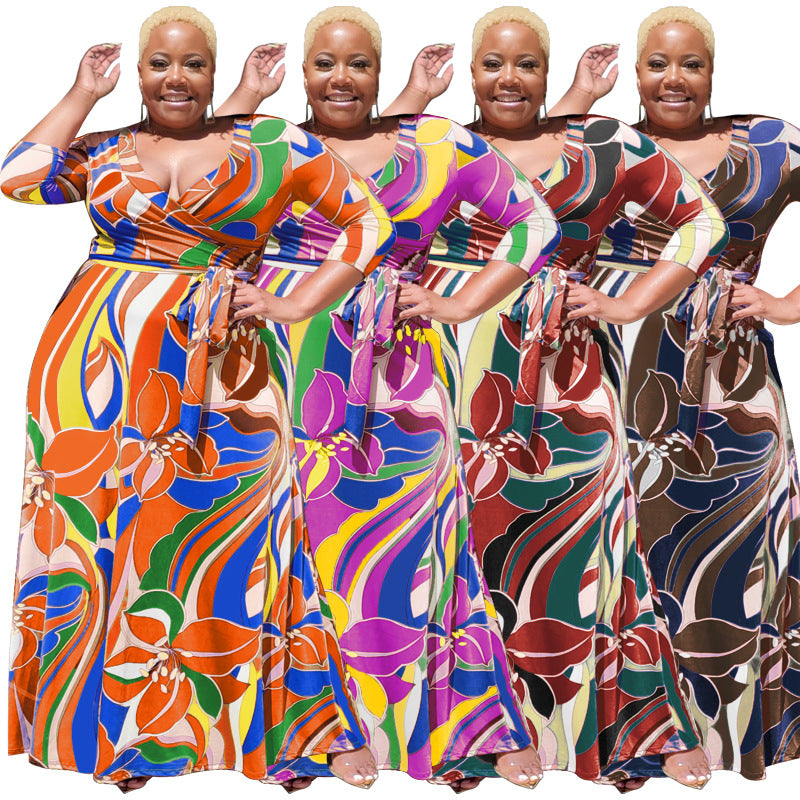 Summer Floral Print with Belt Loose plus Size Women Clothing Dress