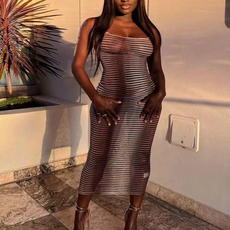 Vacation Dress Women Summer Sexy Sling Sheer Mesh Hip Dress