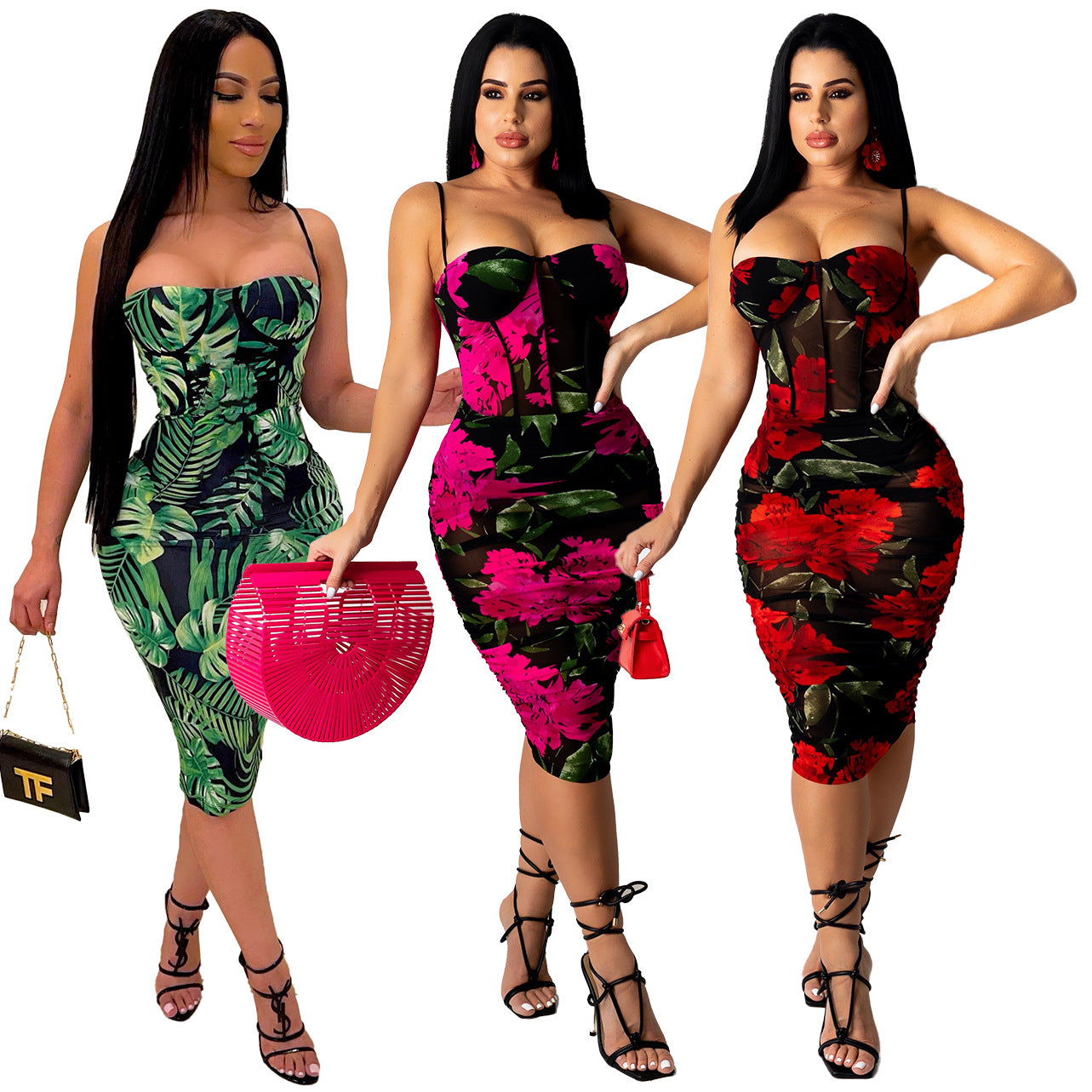 Printed Sexy Dress Pleated Slim Strap Nightclub Skirt