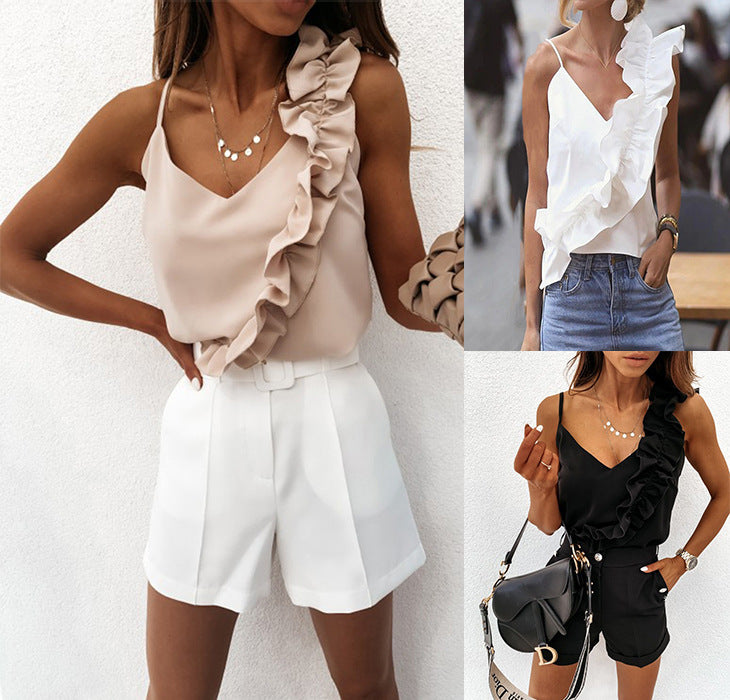 Summer Top Sexy Backless Ruffled Spaghetti Straps Top for Women