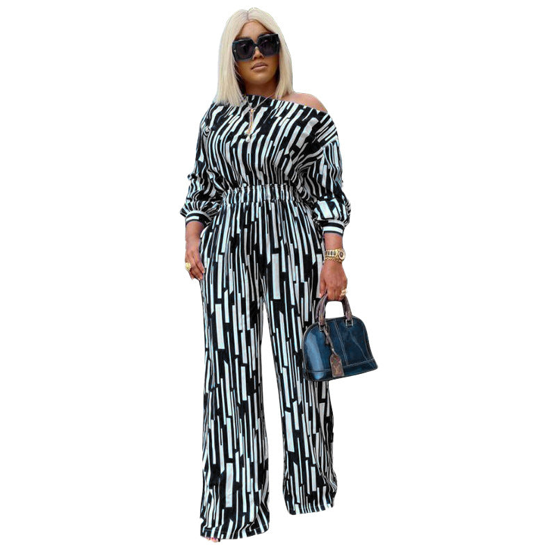 Plus Size Popular Women Clothing Striped Printed Oblique Long Sleeve Shoulder Width Loose Casual Set Women