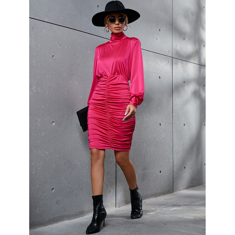 Spring Autumn High Collar Solid Color Slim Dress