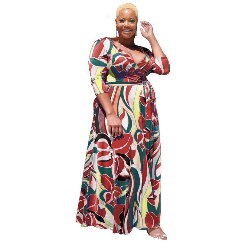 Summer Floral Print with Belt Loose plus Size Women Clothing Dress