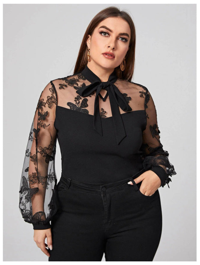 Plus Size Autumn Winter Women Clothes Solid Color Mesh Stitching Long Sleeves Lace-up Shirt