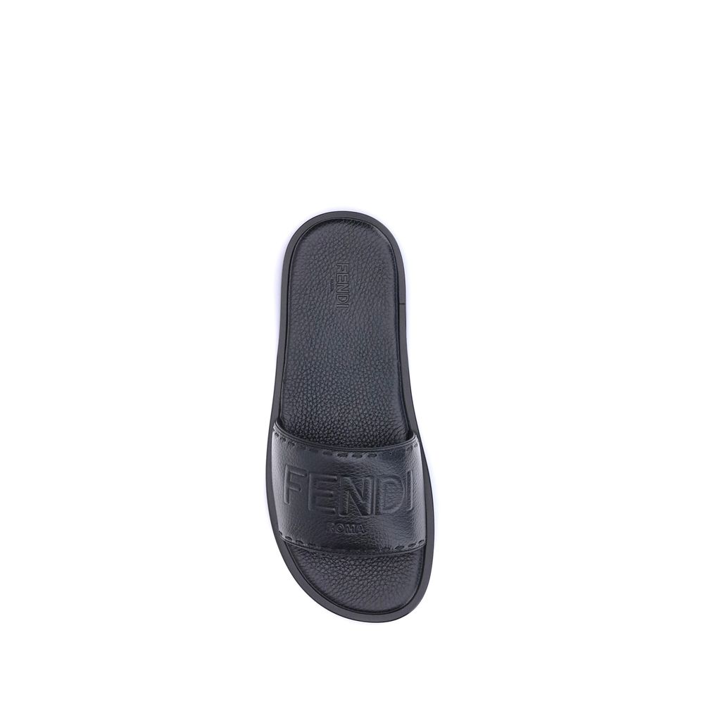 Fendi Black Calf Leather Bos Taurus Flat Sandals