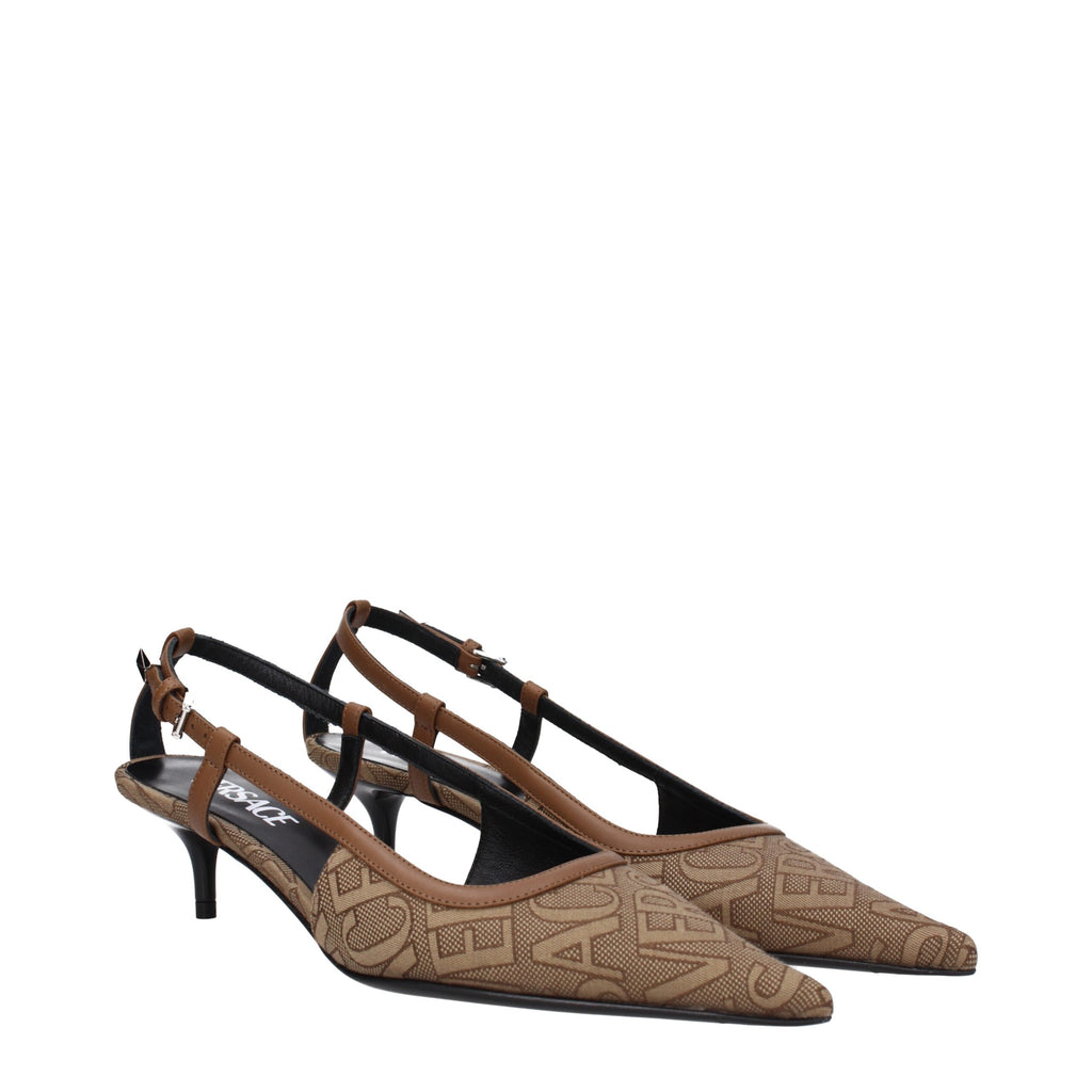 Versace Beige Fabric Mid Heel Pumps