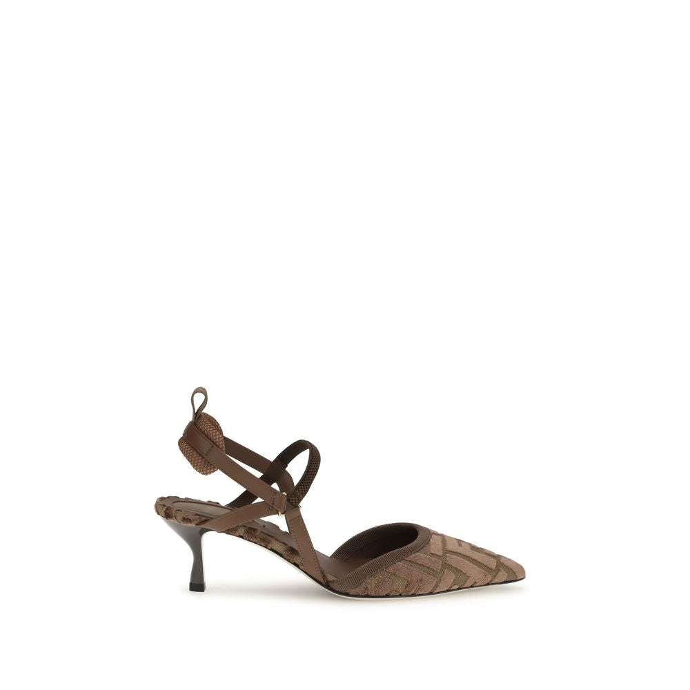 Fendi Brown Fabric Mid Heel Pumps