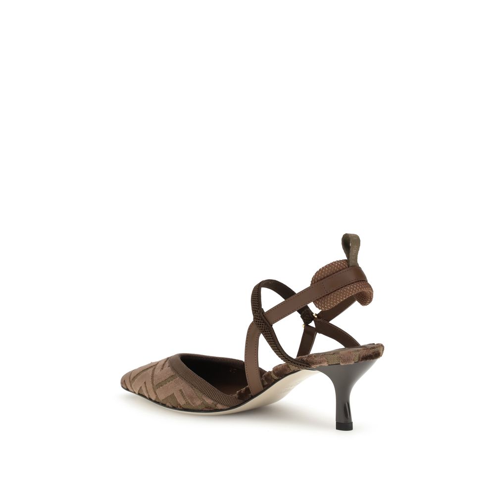 Fendi Brown Fabric Mid Heel Pumps