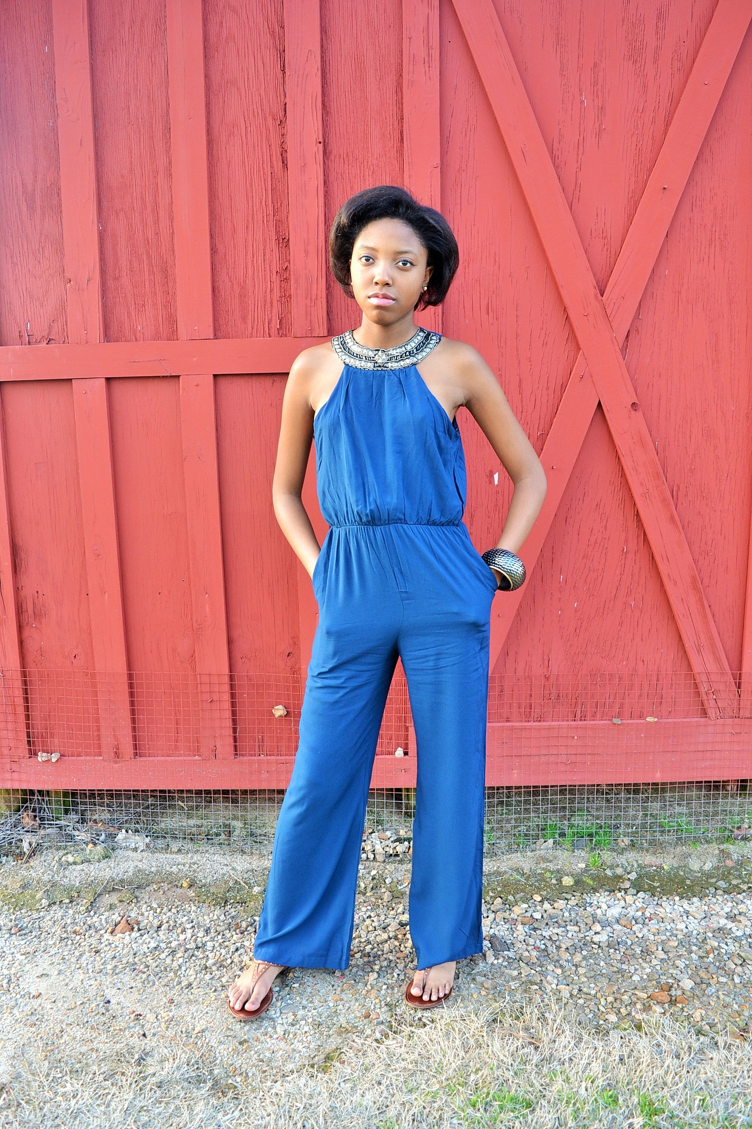 Sleeveless Beaded Neck Jumpsuit