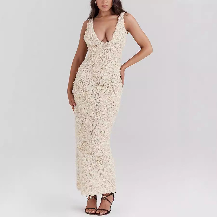 Textured plunge Ivory Dress